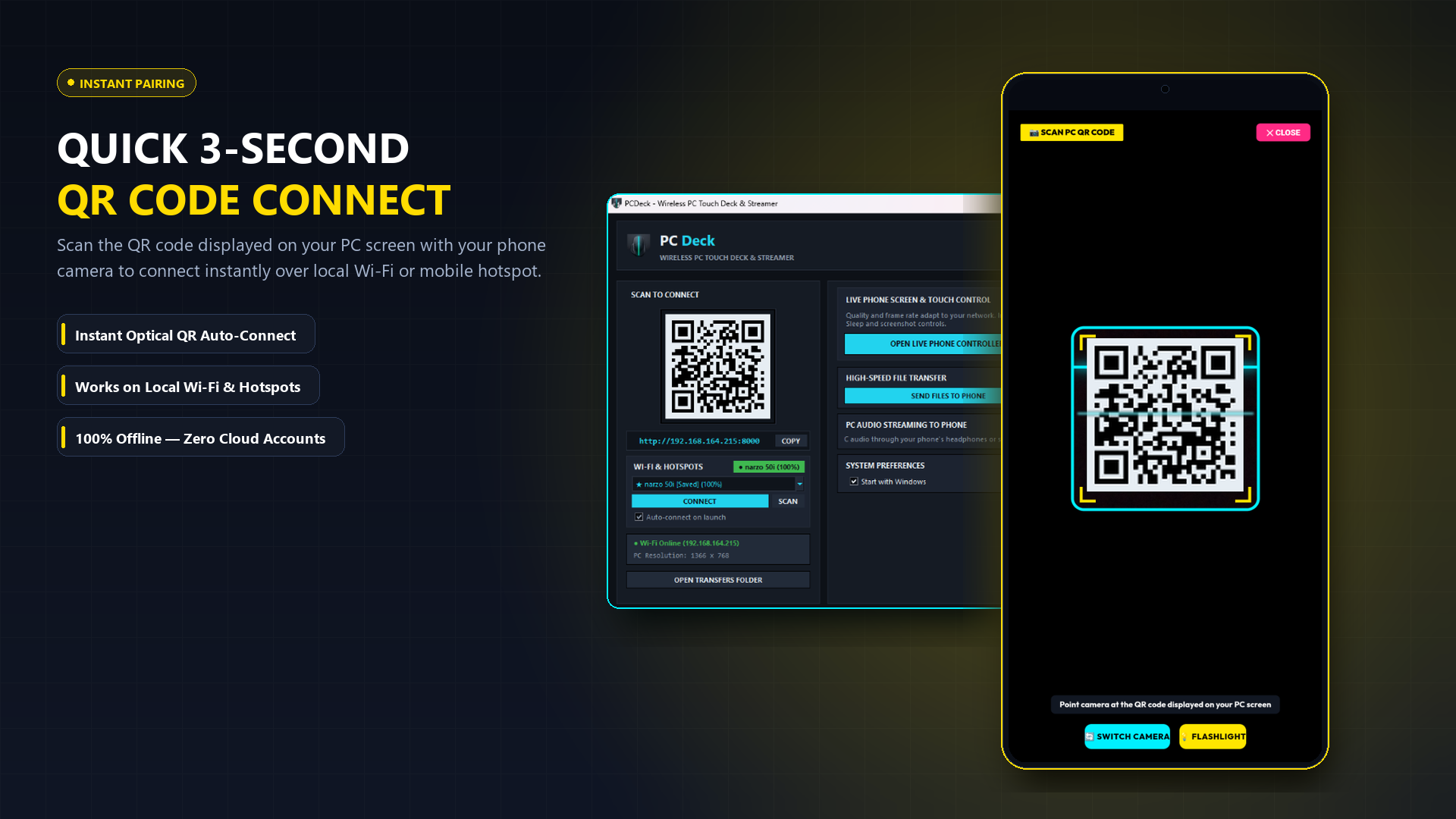 Scan QR code to pair phone to PC for instant wireless trackpad and mouse control