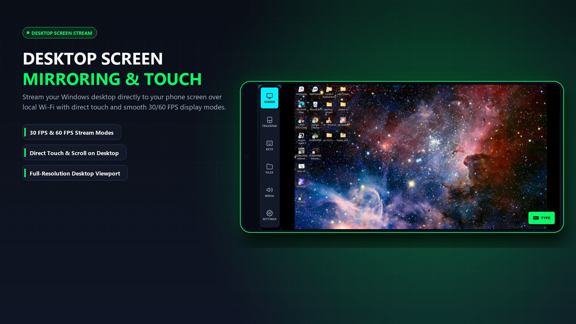 Live desktop screen streaming and touch controller on mobile browser